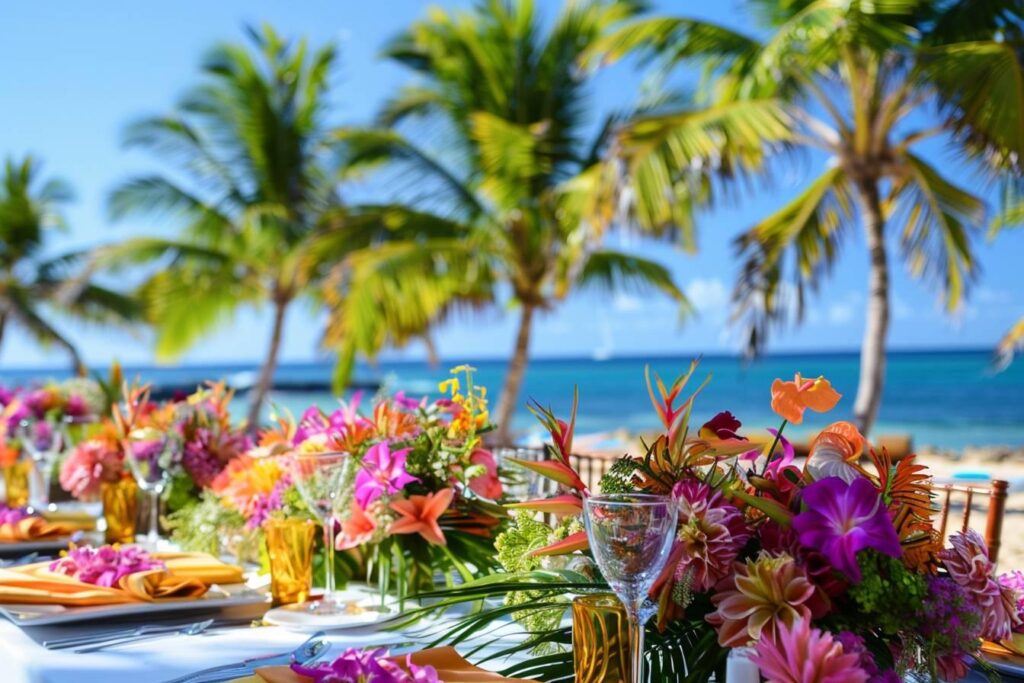 Idées de décoration créole pour une réception de mariage exotique : table et ambiance antillaise