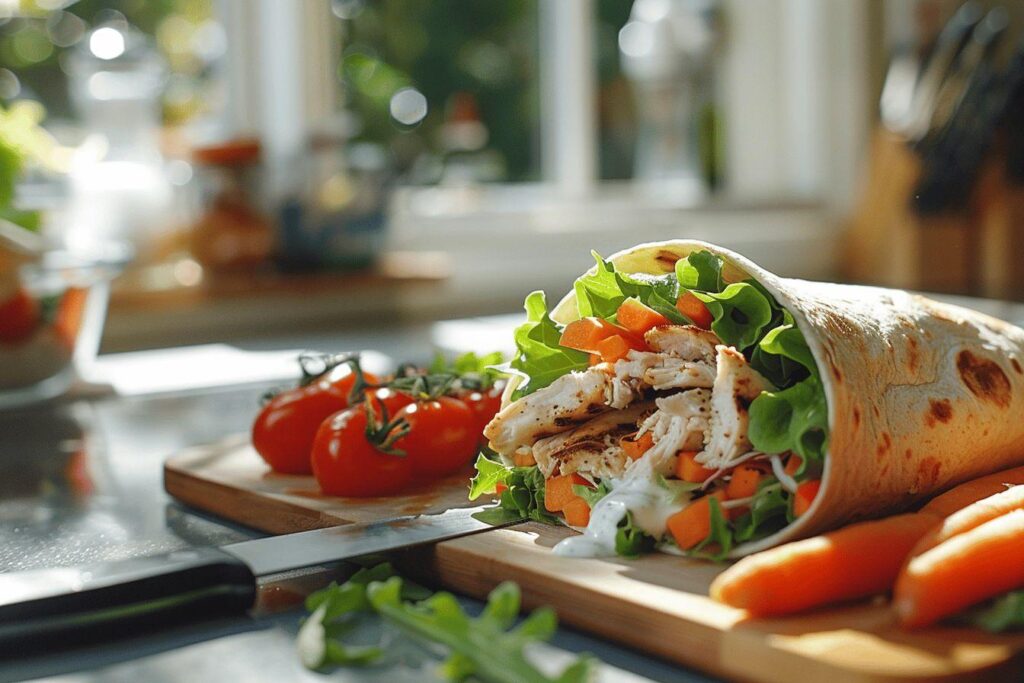 Recette de wrap maison avec sauce yogourt : poulet grillé et légumes croquants