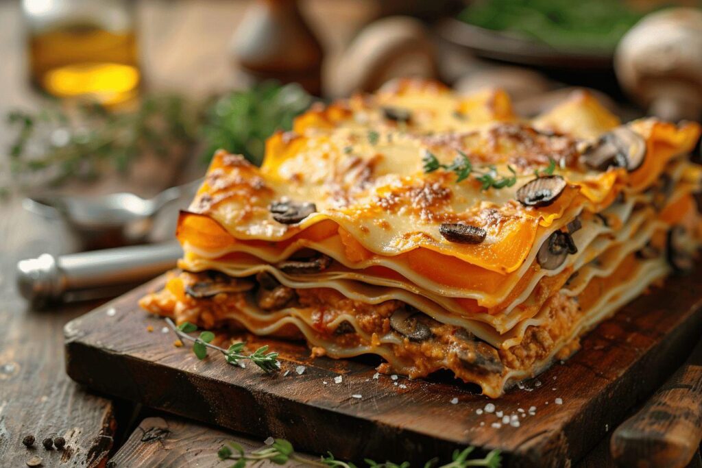 Recette facile de lasagnes butternut au fromage : un délicieux plat à base de courge et champignons