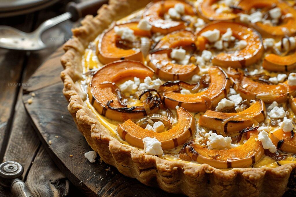 Recette de tarte rustique butternut et feta : quiche savoureuse aux oignons caramélisés