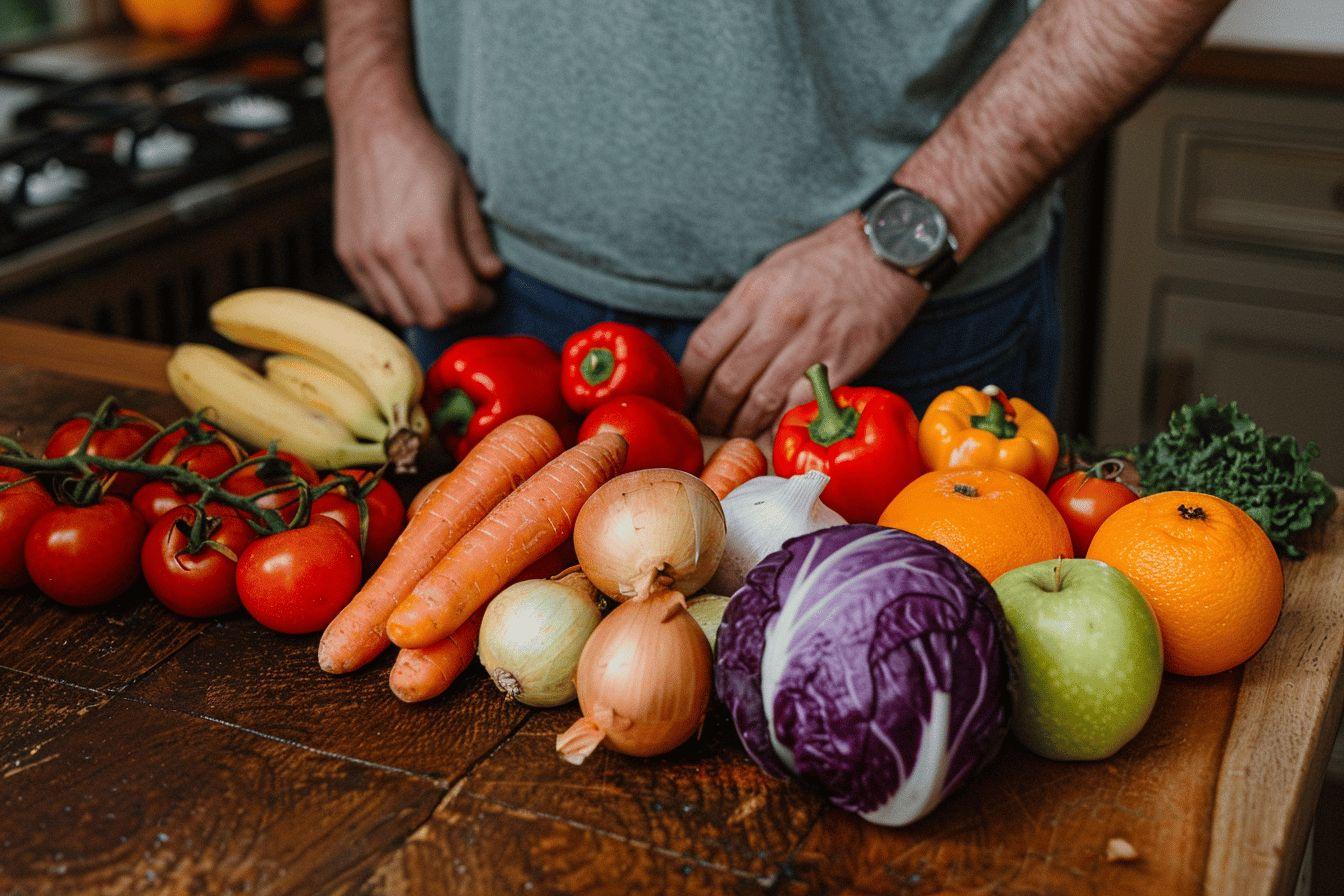 Étalage varié de fruits et légumes frais sur un plan de travail en bois