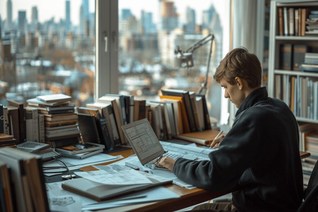 Homme en costume travaillant sur des plans et un ordinateur portable