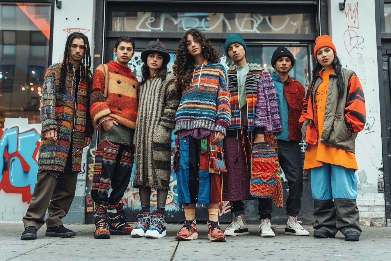 Image de groupe de jeunes aux tenues colorées et originales, debout devant un mur de graffitis.