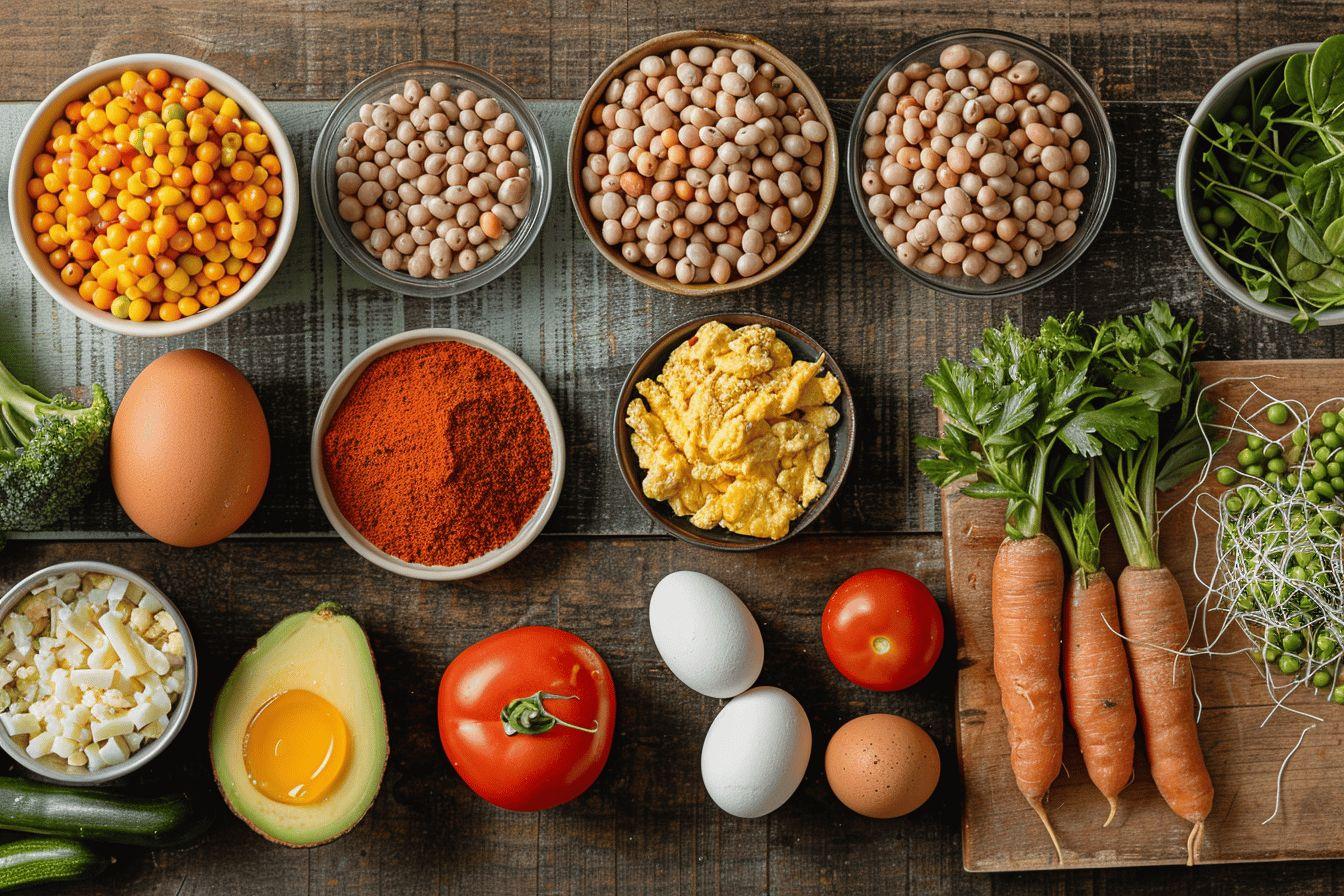 Variété d'aliments sains, colorés et naturels sur une table en bois.