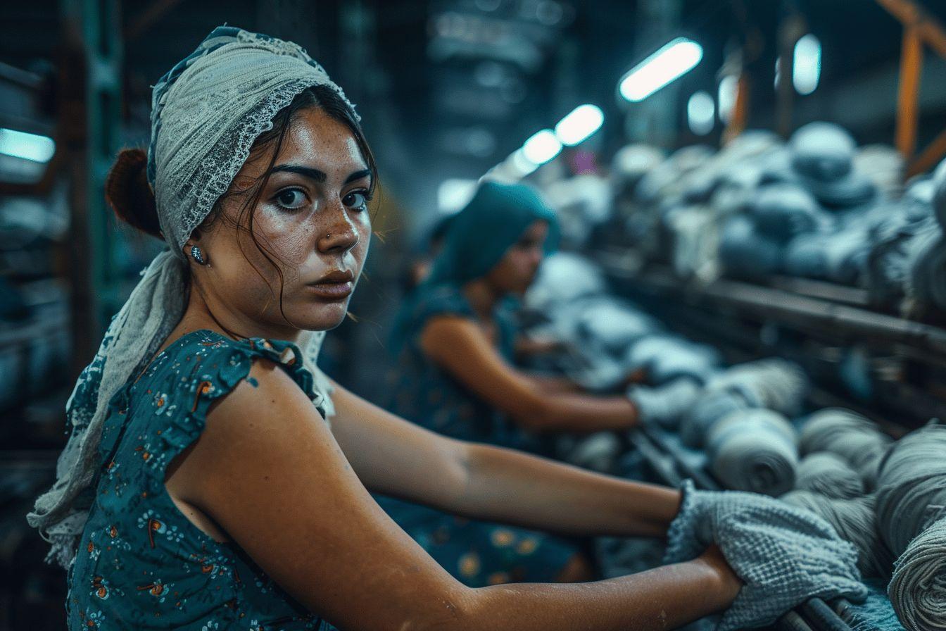 Une femme dans un atelier textile nocturne, concentrée sur son travail.