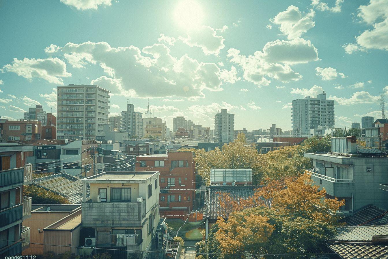 Paysage urbain avec gratte-ciel, arbres d'automne et nuages dans le ciel.