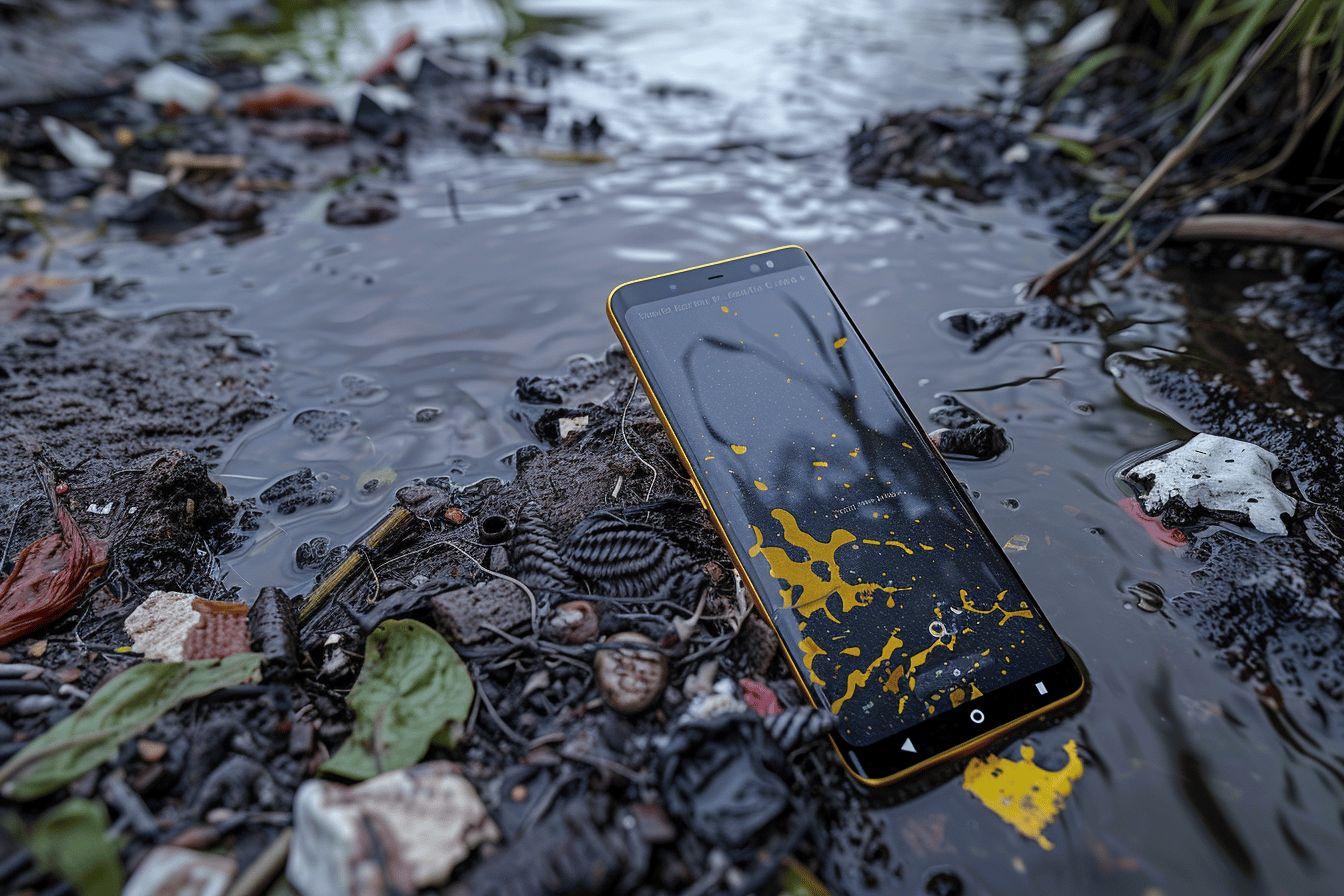 Un smartphone sombre et endommagé dans des débris naturels et de l'eau boueuse