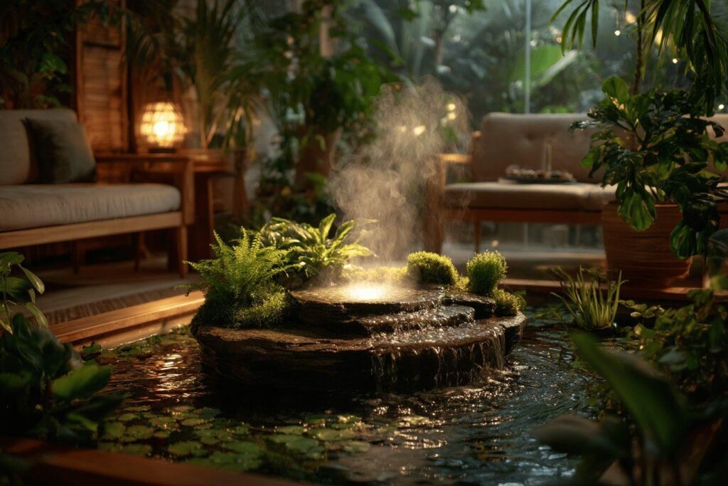 Fontaine d’intérieur avec plantes vertes : décoration zen et humidificateur pour votre maison